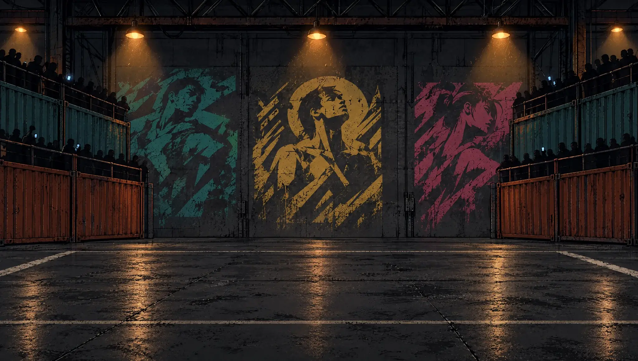 The São Paulo warehouse arena, painted murals and shipping containers.