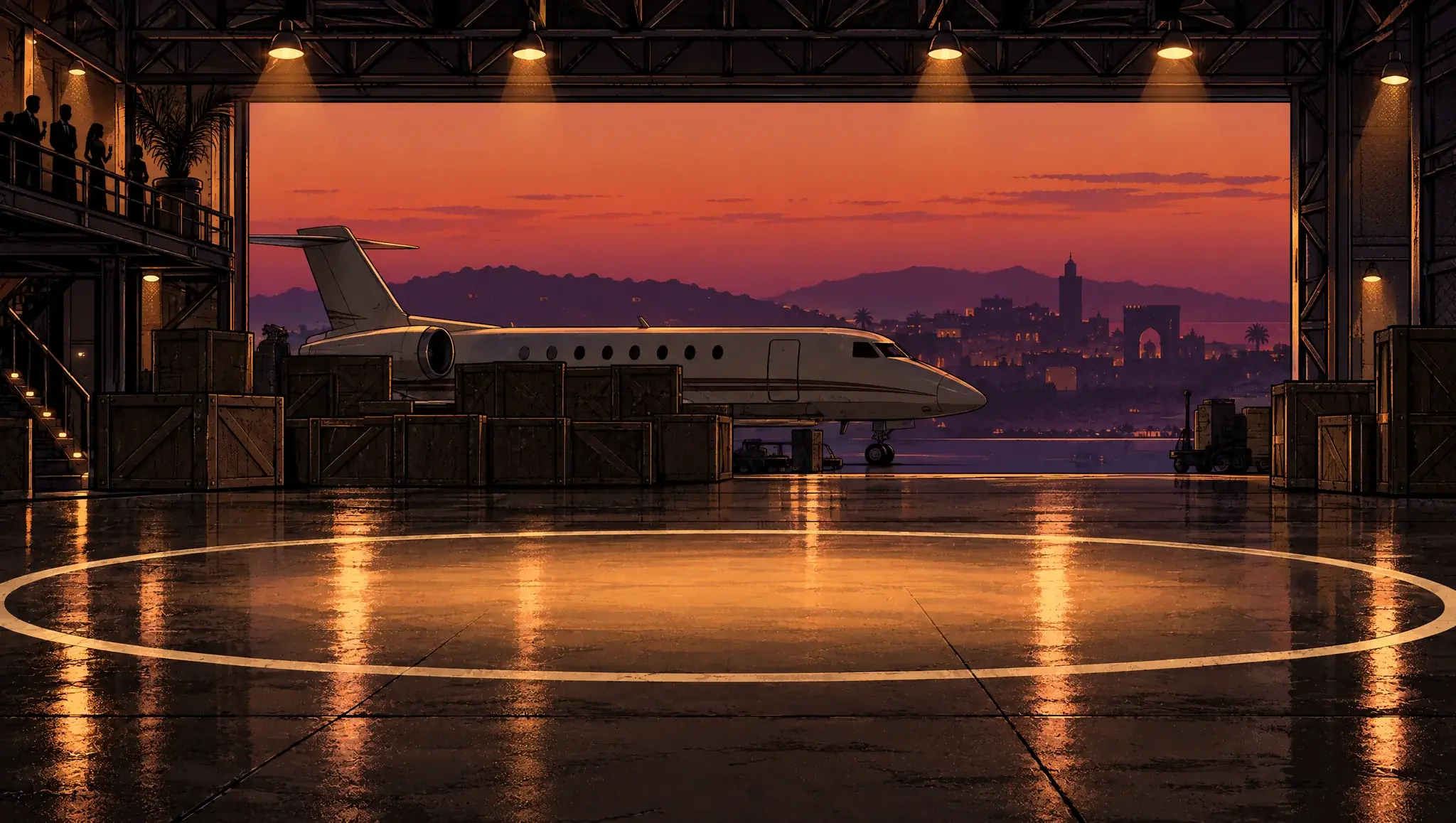 The Tangier hangar arena at sunset, a private jet behind the ring.