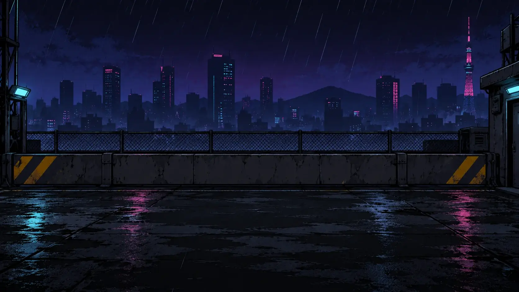 The Tokyo rooftop arena at night, neon skyline and wet concrete.