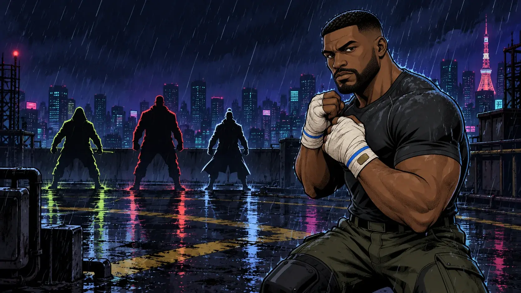 Iron Passport key art: Marcus Reed in the rain on a Tokyo rooftop, three rival fighters behind him.